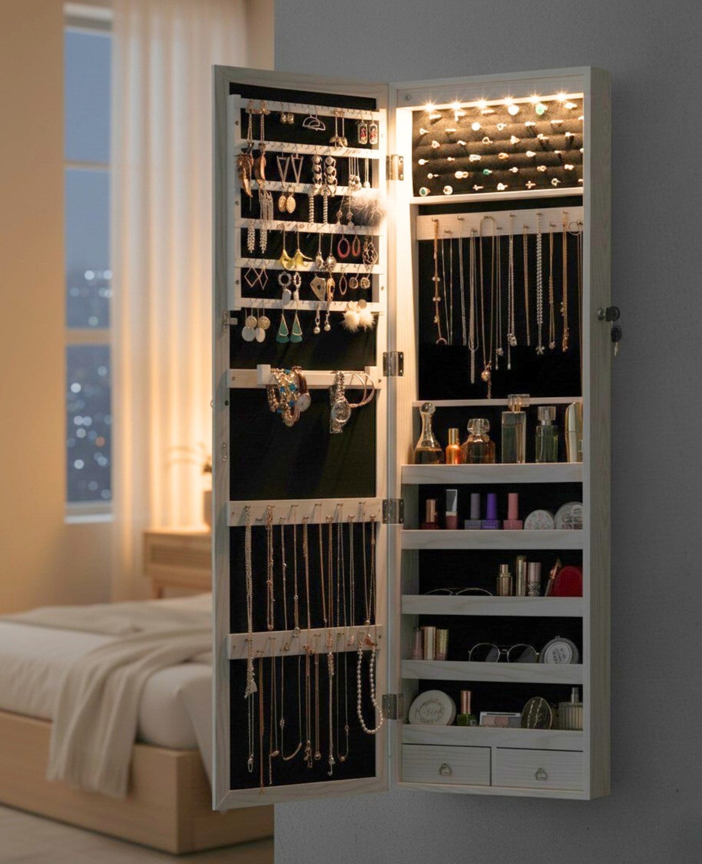 BTEXPERT 47" Mirror Jewelry Cabinet Armoire with 6 LED Lights, Large Full Length Jewelry Organizer with Storage, Wall-Mounted or Door-Hanging Mirror Cabinet, Dove White, Lock Key