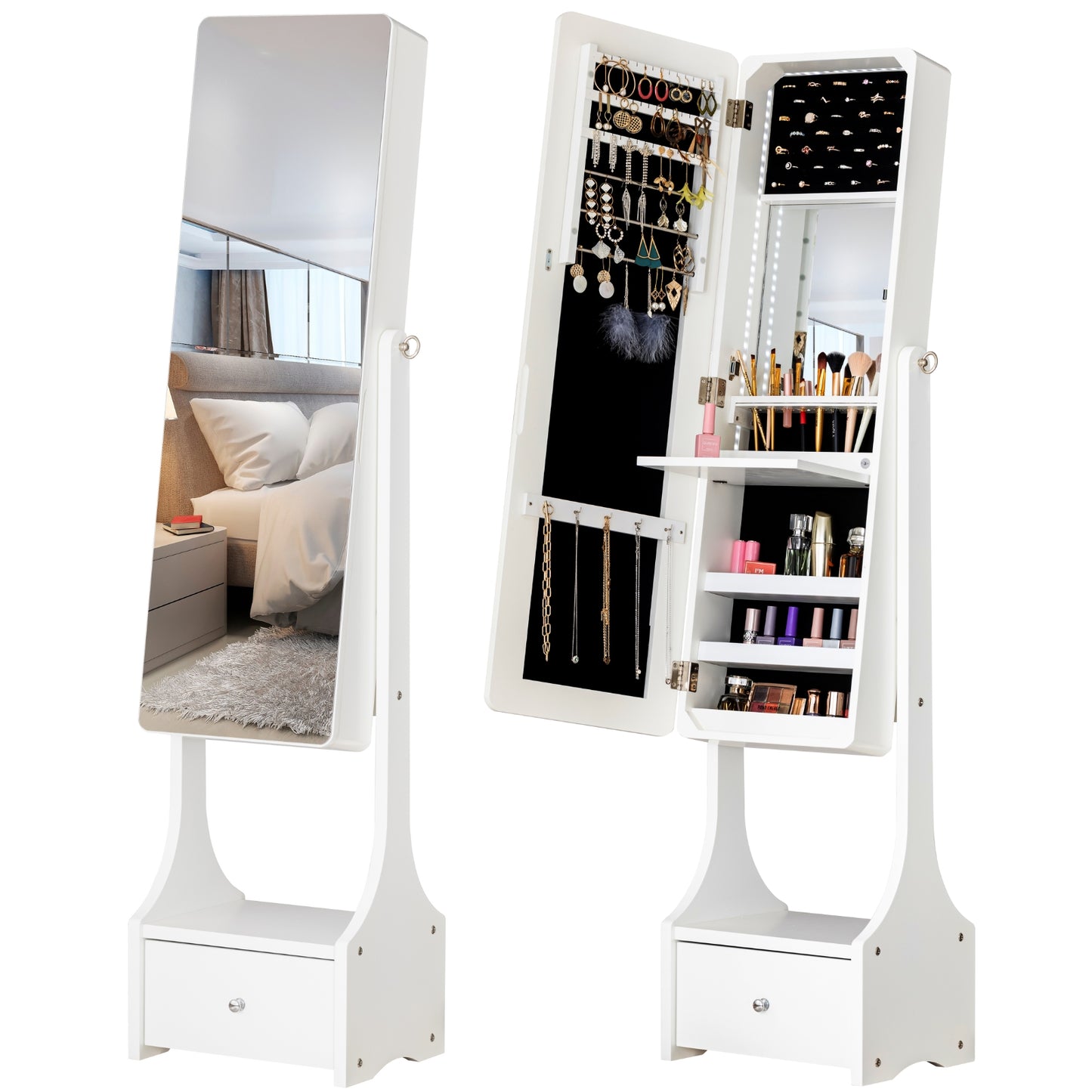BTEXPERT Mirror Jewelry Cabinet , Large Storage Jewelry Armoire, Full-Length Frameless Mirror Jewelry Storage, 12 LED Lockable Jewelry Organizer White