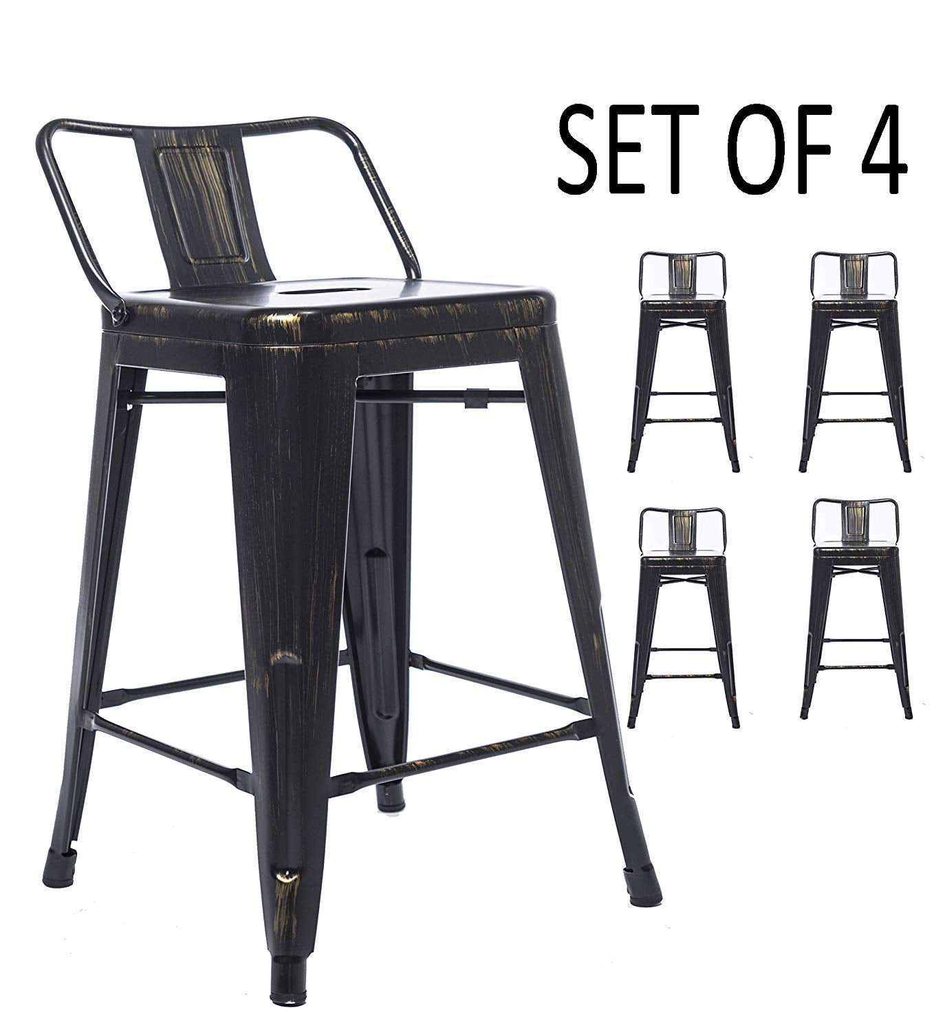 BTExpert 30" Golden Black Distressed Metal Bar Stool, Low Back, 4PC, Indoor Outdoor