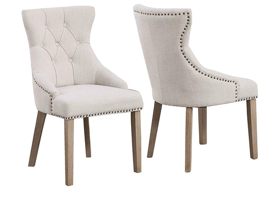 BTExpert High Back Tufted Parsons Dining Room Set of Chairs Nail Trim Linen Beige