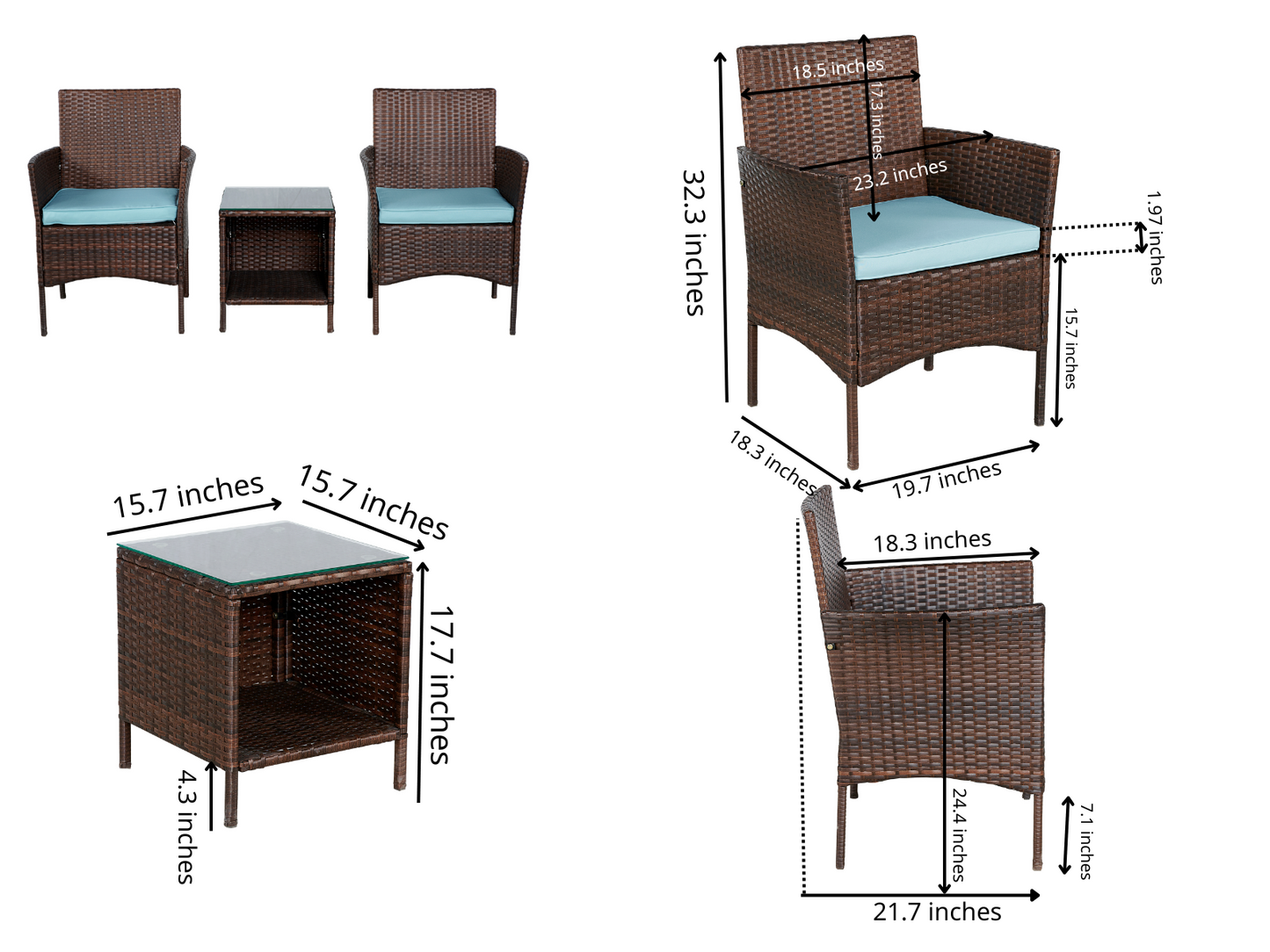 Outdoor 3-Piece Conversation Set (Aqua/Dark Brown) PE Rattan Patio Wicker Chairs with Tempered Glass Table