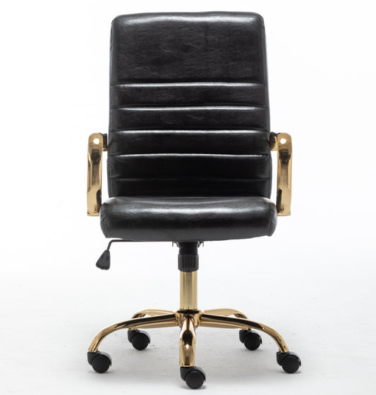 BTExpert Black Faux Leather Adjustable Home Office Arm Chair Golden Finish