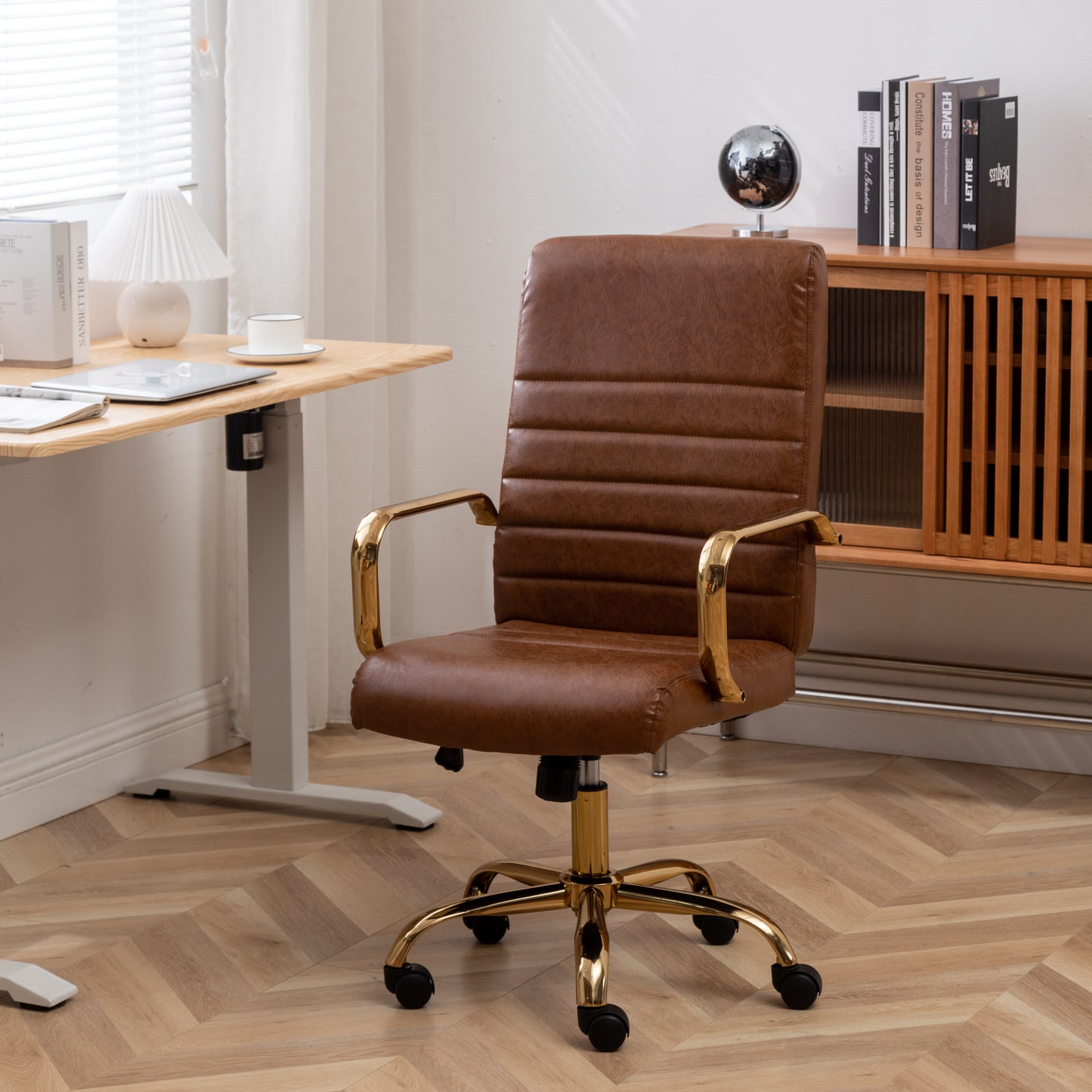 BTExpert Brown Faux Leather Adjustable Home Office Arm Chair Golden Finish