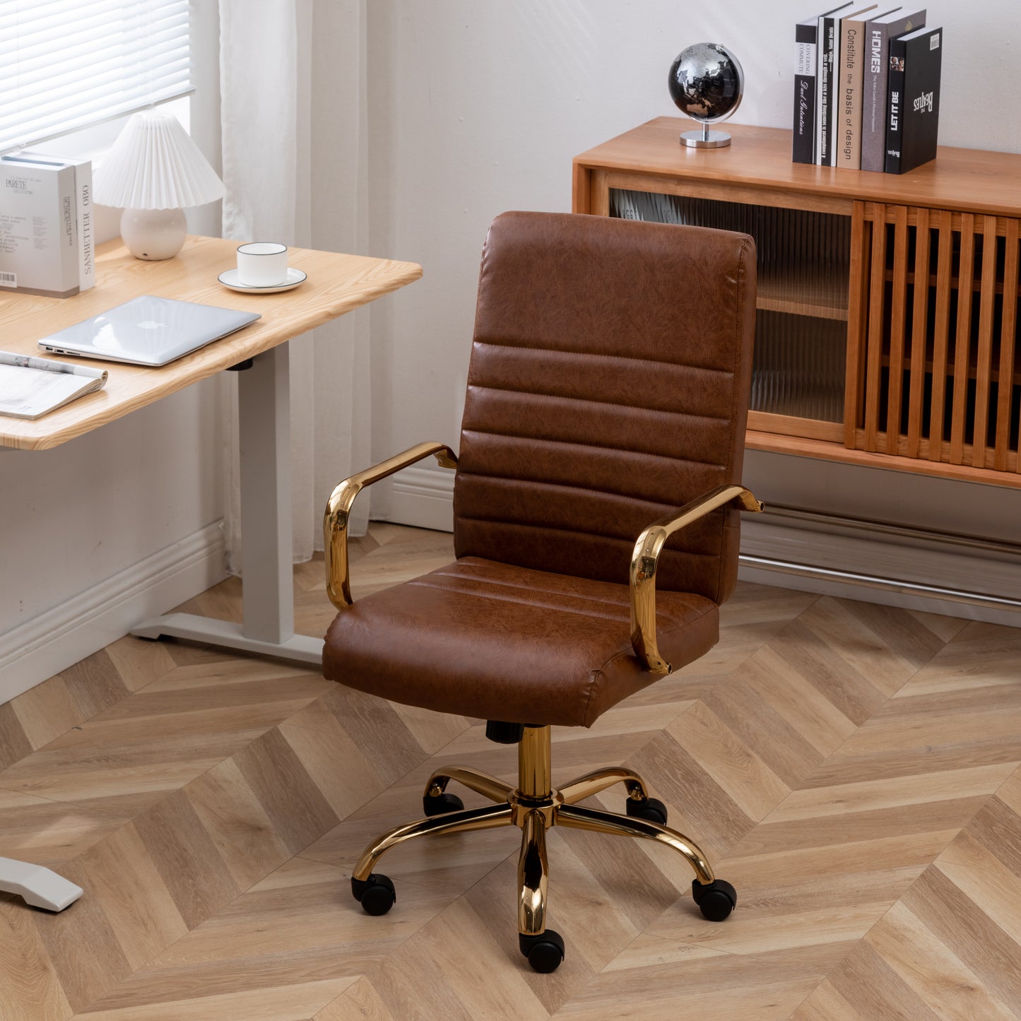 BTExpert Brown Faux Leather Adjustable Home Office Arm Chair Golden Finish