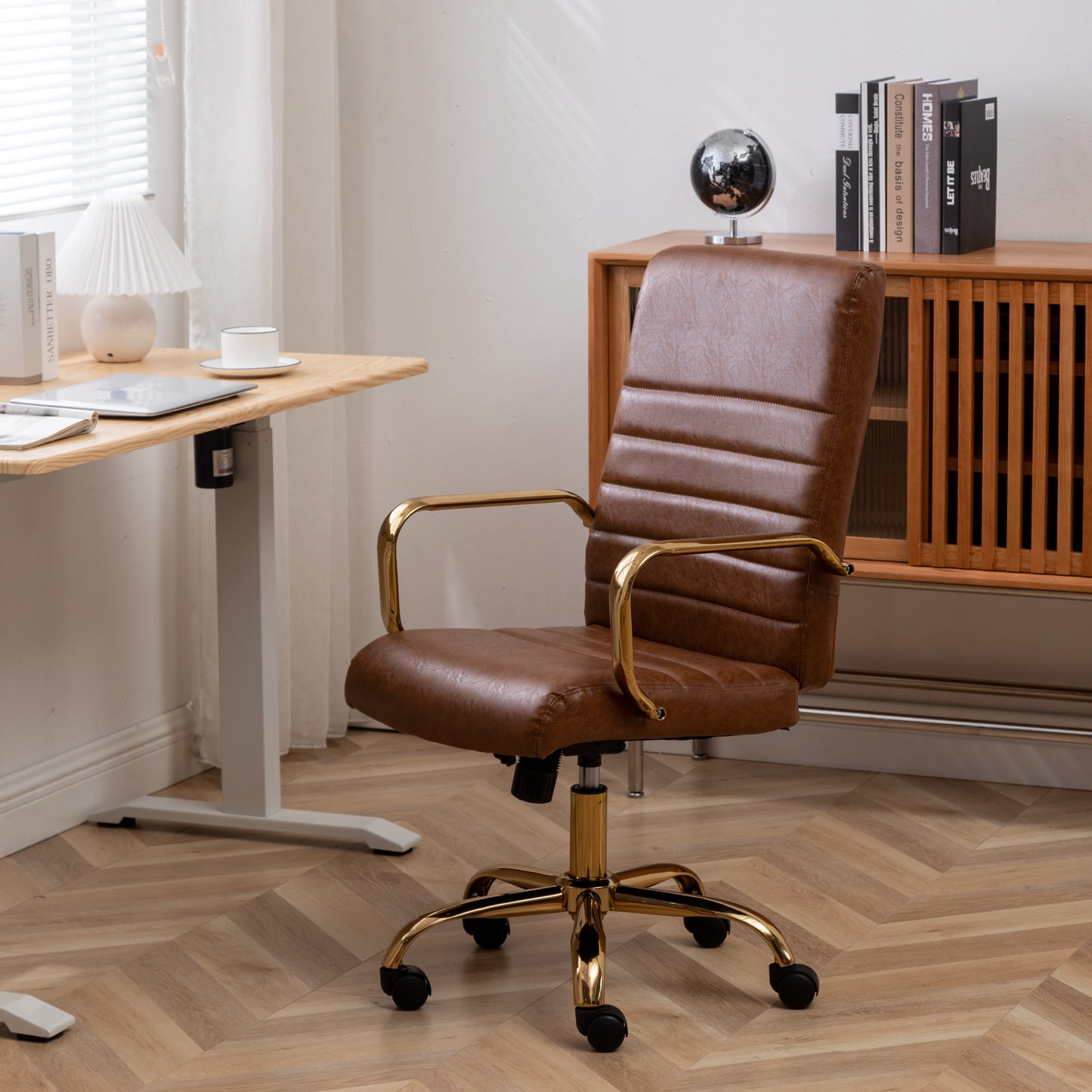 BTExpert Brown Faux Leather Adjustable Home Office Arm Chair Golden Finish