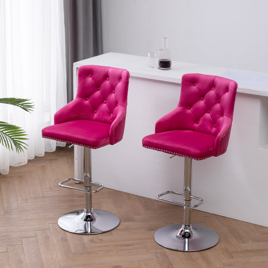 BTExpert Upholstered Dining Adjustable Seat, High Back Stool Bar Chair Pink Tufted - Set of 2