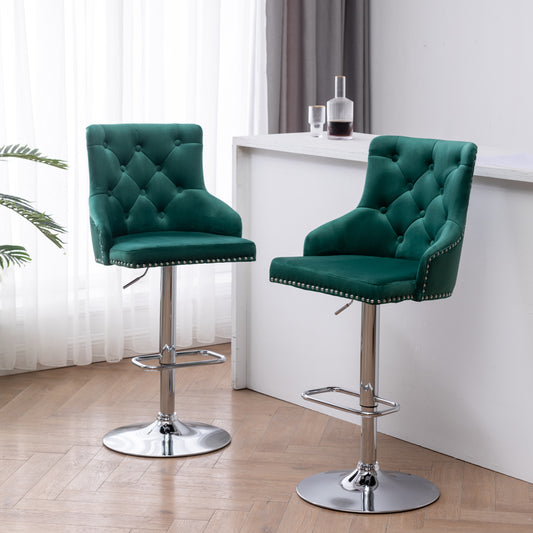 BTExpert Upholstered Dining Adjustable Seat, High Back Stool Bar Chair Green Tufted - Set of 2
