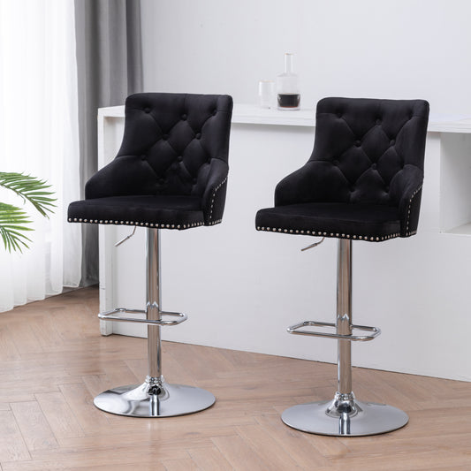 BTExpert Upholstered Dining Adjustable Seat, High Back Stool Bar Chair Black Tufted - Set of 2