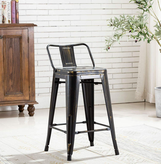 BTExpert 30" Golden Black Distressed Metal Bar Stool, Low Back, 4PC, Indoor Outdoor