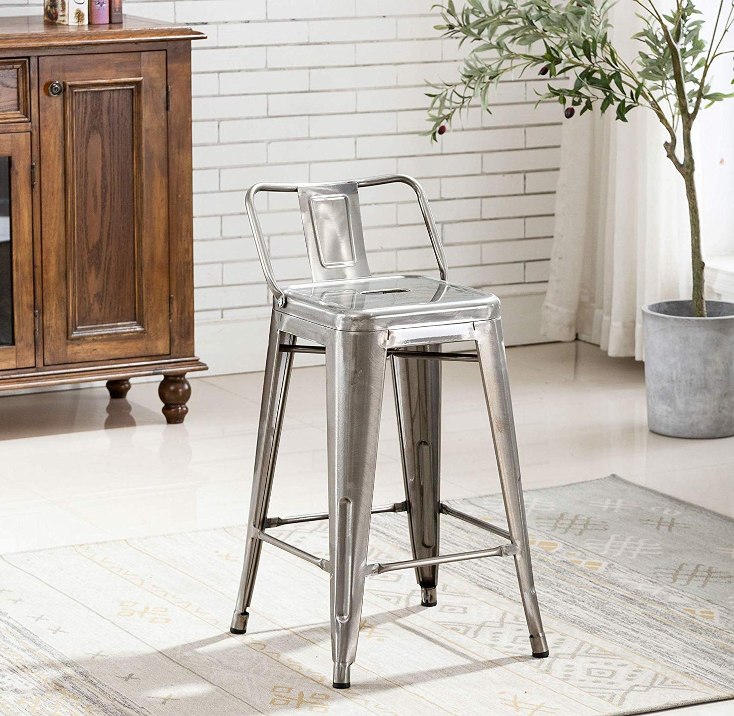 BTExpert Industrial 24" Galvanized Metal Counter Stool, Distressed Low Back, Indoor Outdoor