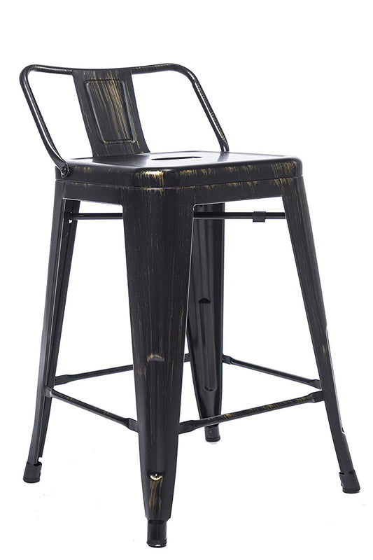 BTExpert 24" Golden Black Distressed Metal Counter Height Stool, Low Back, Indoor Outdoor - Set of 4
