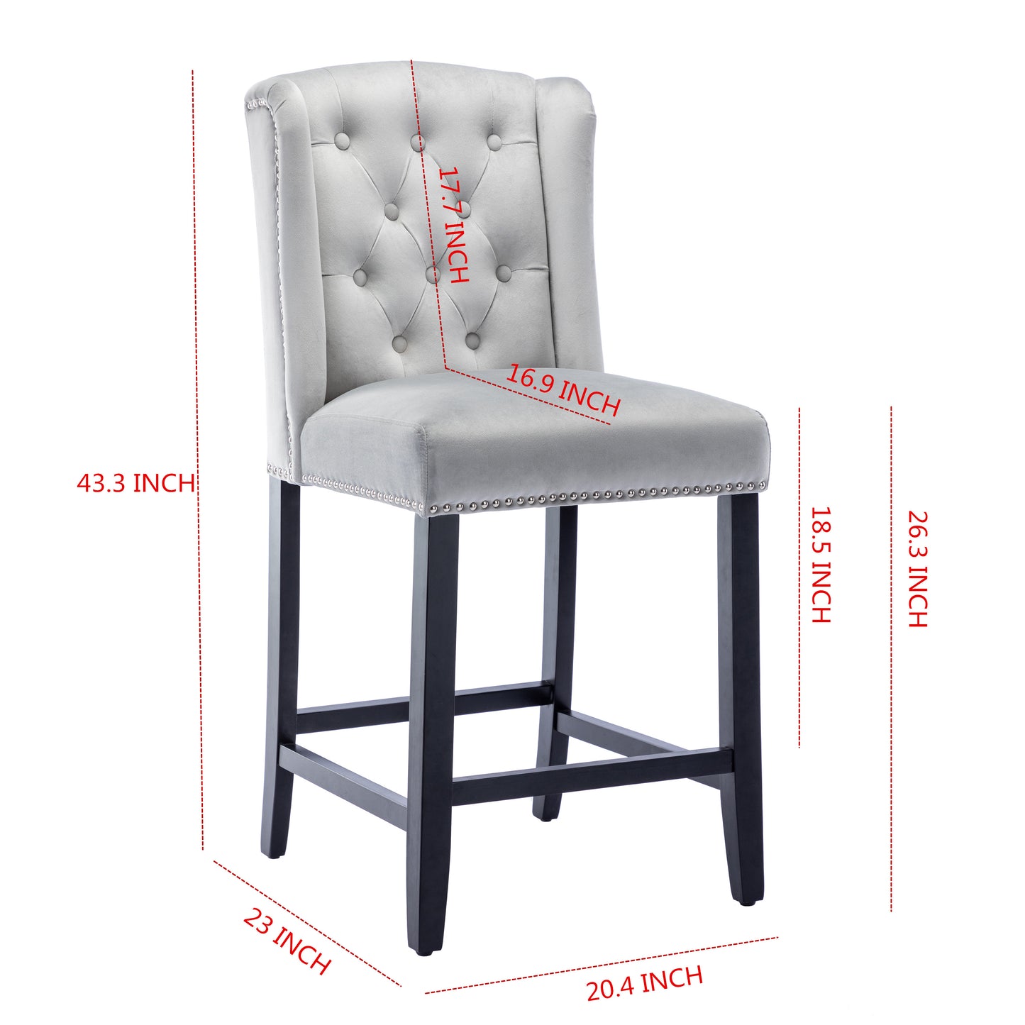 BTExpert Light Gray Velvet Victorian Wingback Bar Stools, 26" High, Diamond Tufting, Solid Wooden Legs - Set of 2
