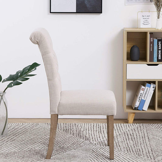 BTExpert High Back Tufted Parsons Dining Chairs, Linen Beige Upholstery, Nail Trim, Solid Wood Accent - Set of 2