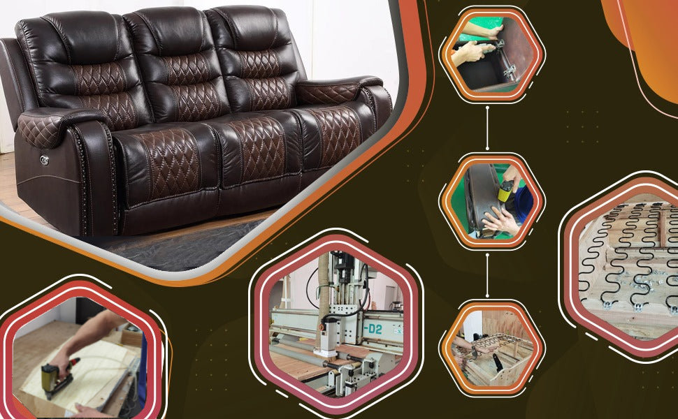BTExpert Power Motion 3-Seater Recliner Sofa, USB, Two-Tone Brown Top Grain Leather