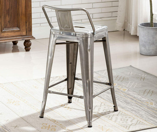 BTExpert Industrial 24" Galvanized Metal Counter Stool, Distressed Low Back, Indoor Outdoor
