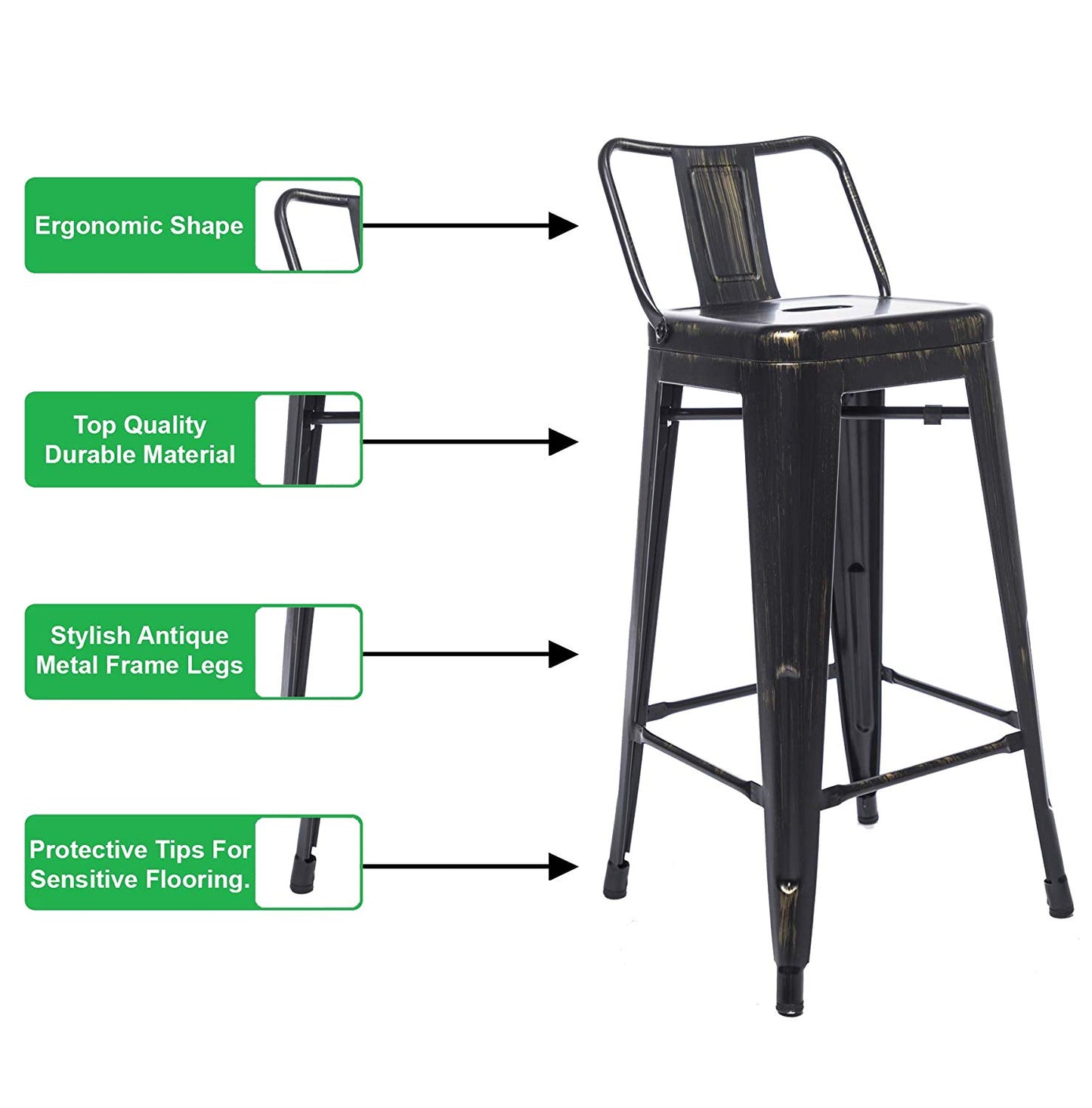 BTExpert 24" Golden Black Distressed Metal Counter Height Stool, Low Back, Indoor Outdoor - Set of 4