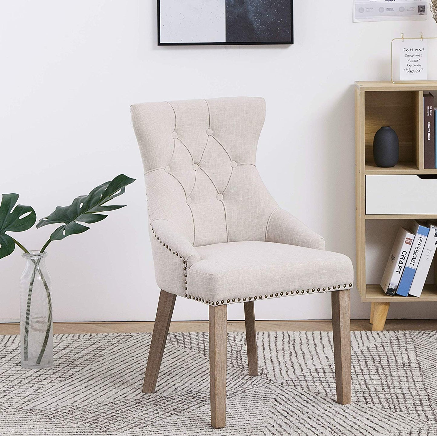 BTExpert High Back Tufted Parsons Dining Room Set of Chairs Nail Trim Linen Beige