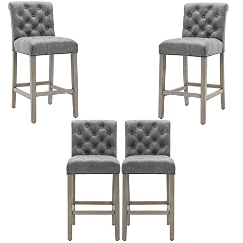 BTExpert Gray PU Leather Tufted 26.5" Counter Bar Stools with Nailhead Trim - Set of 4