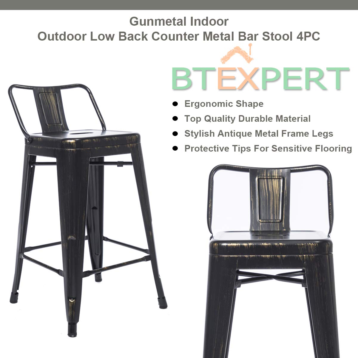 BTExpert 24" Golden Black Distressed Metal Counter Height Stool, Low Back, Indoor Outdoor - Set of 4