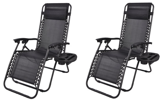 BTExpert Black Zero Gravity Lounge Chairs for Outdoor Patio with Tray & Cup Holder - Set of 2