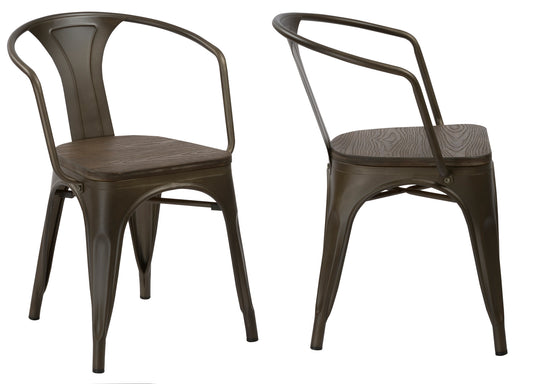 Industrial Rustic Metal Distressed Dining Bistro Cafe Arm Chair Wood - Set of 2