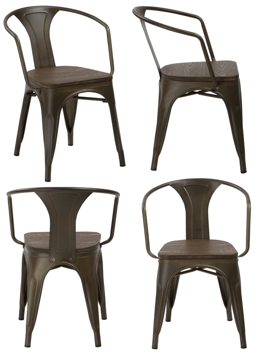 Industrial Antique Bronze Dining Commercial Metal Wood Arm Chair - Set of 4