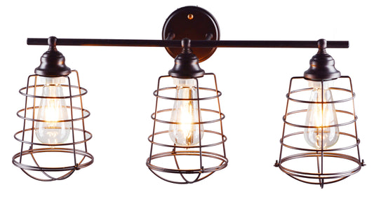 Industrial Cage 3 Light Vanity Bathroom Farmhouse, Oil Bronze Rustic