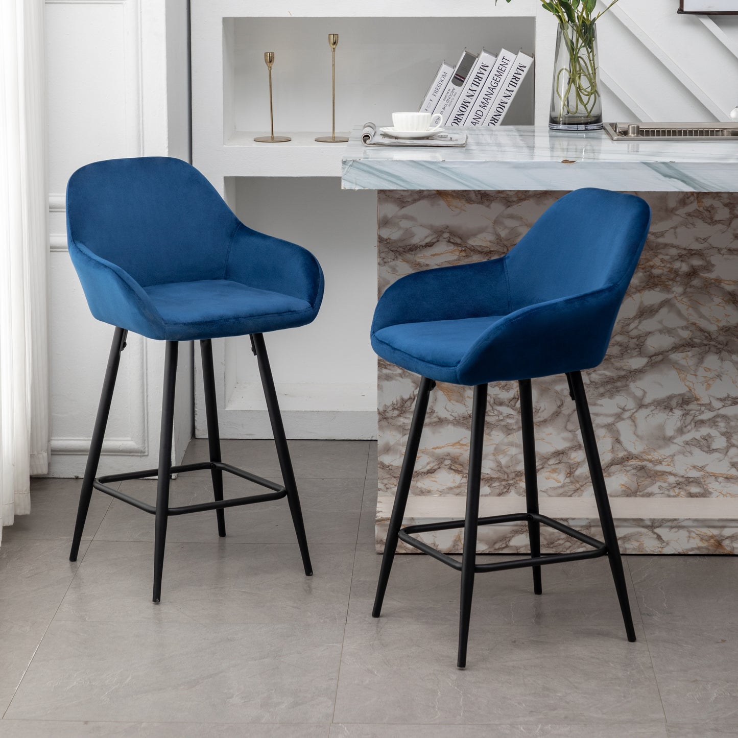 BTExpert Blue Velvet Bucket Upholstered 24" Counter Height Barstools - Set of 2