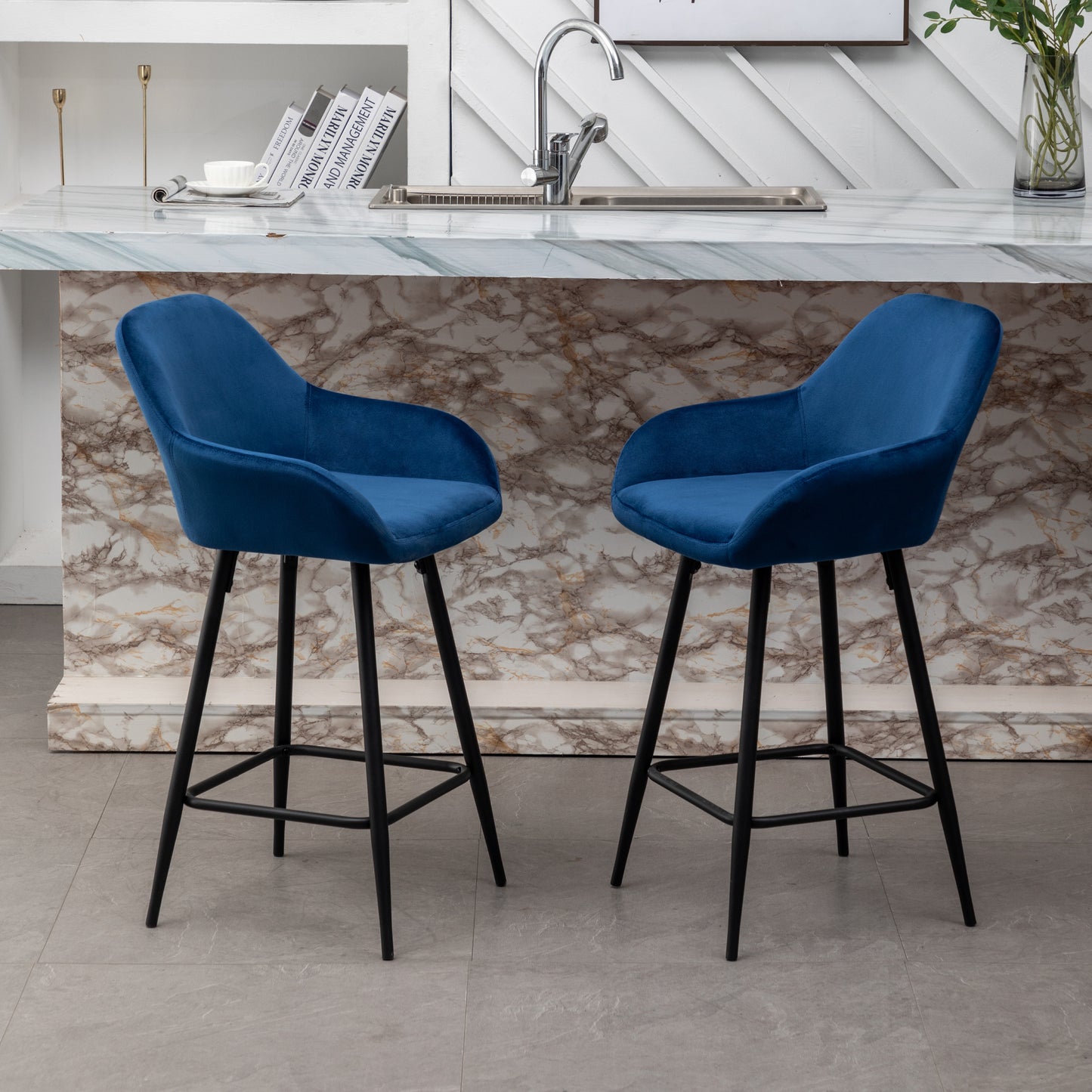 BTExpert Blue Velvet Bucket Upholstered 24" Counter Height Barstools - Set of 2