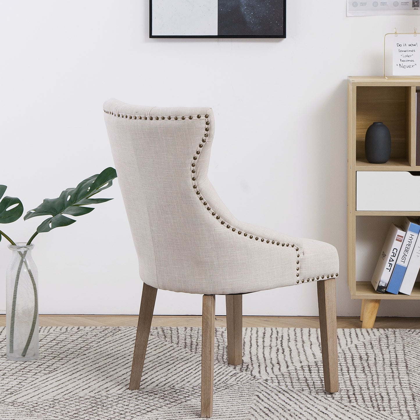 BTExpert High Back Tufted Parsons Upholstered Dining Room Chair Wood Accent Nail Trim Linen Beige