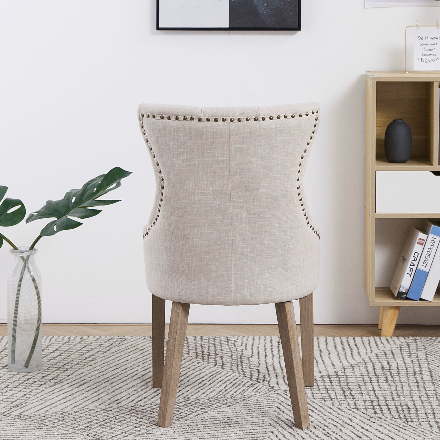 BTExpert High Back Tufted Parsons Upholstered Dining Room Chair Wood Accent Nail Trim Linen Beige