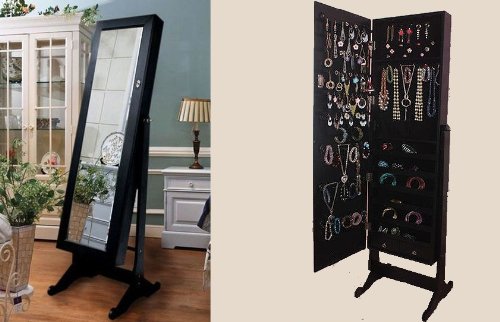 Premium Black Cheval Mirror Jewelry Cabinet Armoire Box Stand Organizer Case