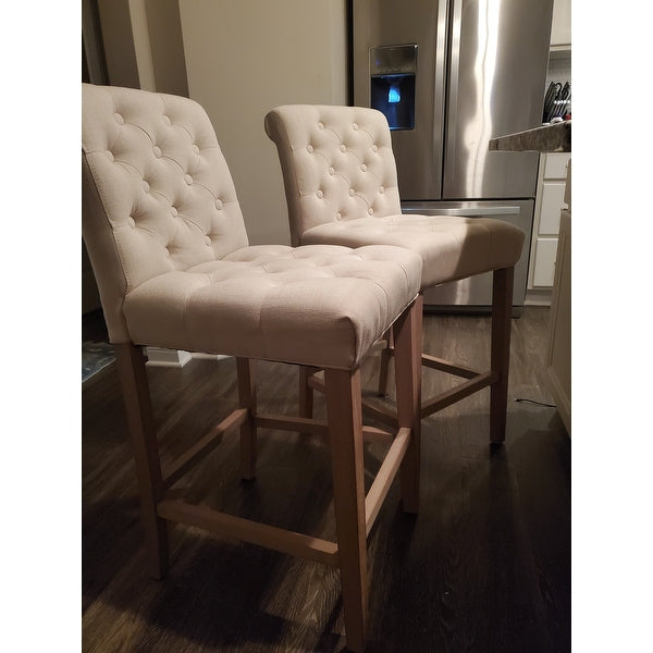 BTExpert Wooden 26" Tufted Linen Counter Bar Stools with Nail Trim - Set of 2