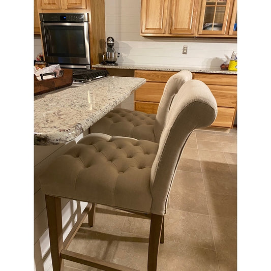 BTExpert Wooden 26" Tufted Linen Counter Bar Stools with Nail Trim - Set of 2