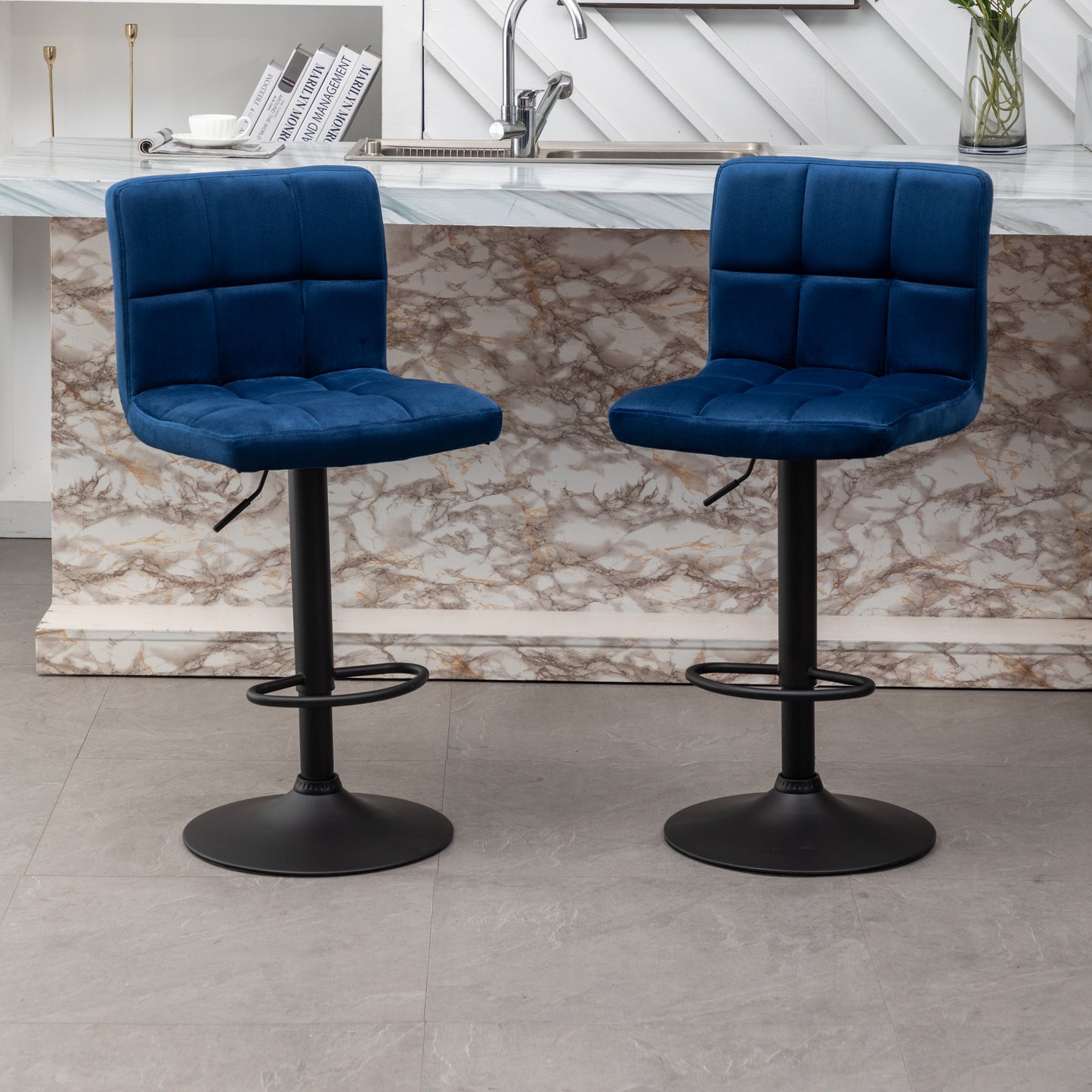 BTExpert Adjustable Swivel Blue Velvet Industrial Barstool Chairs - Set of 2