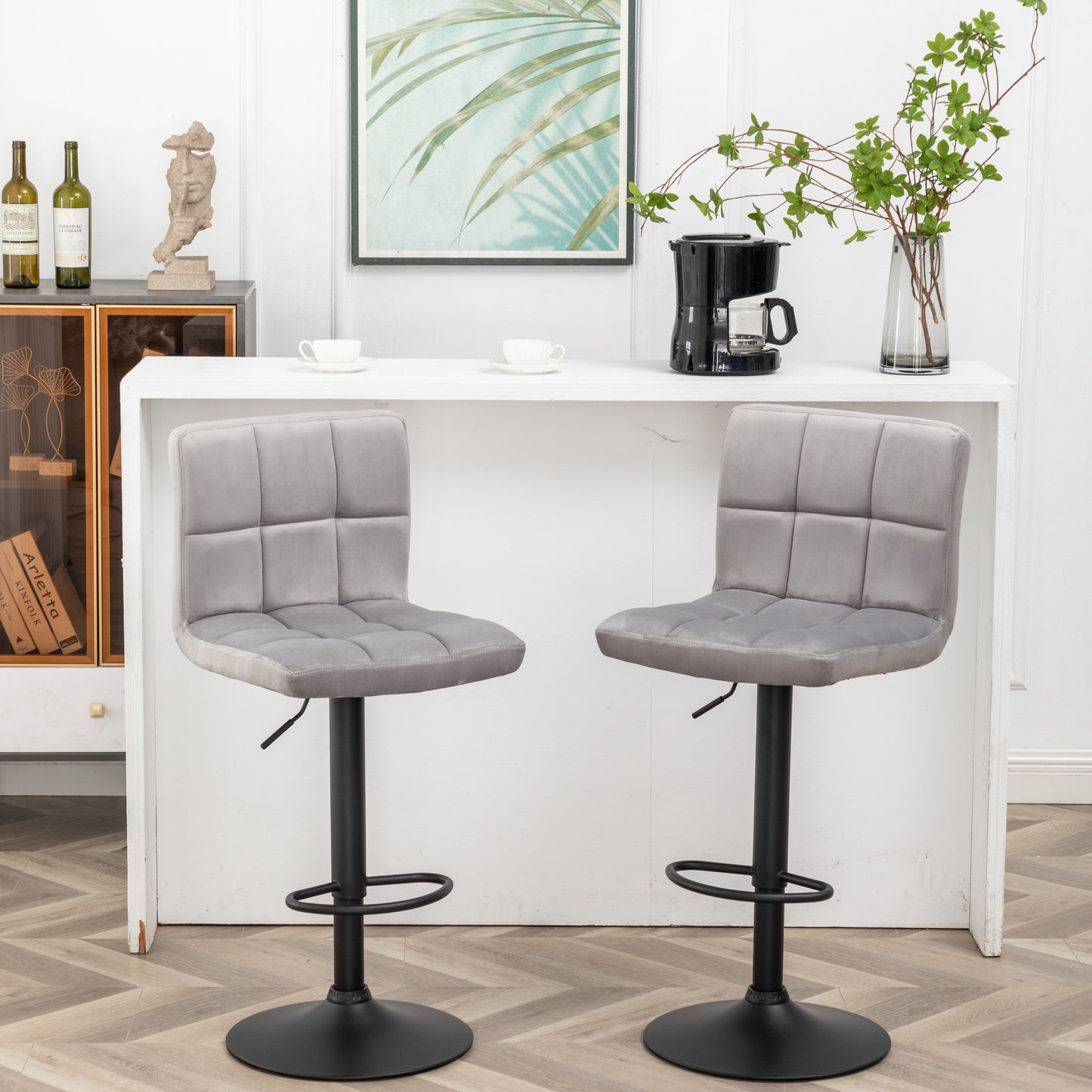 BTExpert Adjustable Swivel Gray Velvet Industrial Barstools with Back for Kitchen, Dining & Bar - Set of 2