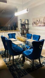 BTExpert High Back Navy Blue Velvet Tufted Dining Chairs, Solid Wood, Nail Trim & Ring - Set of 2