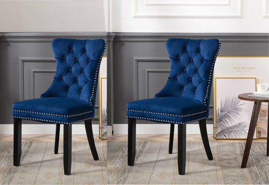 BTExpert High Back Navy Blue Velvet Tufted Dining Chairs, Solid Wood, Nail Trim & Ring - Set of 2