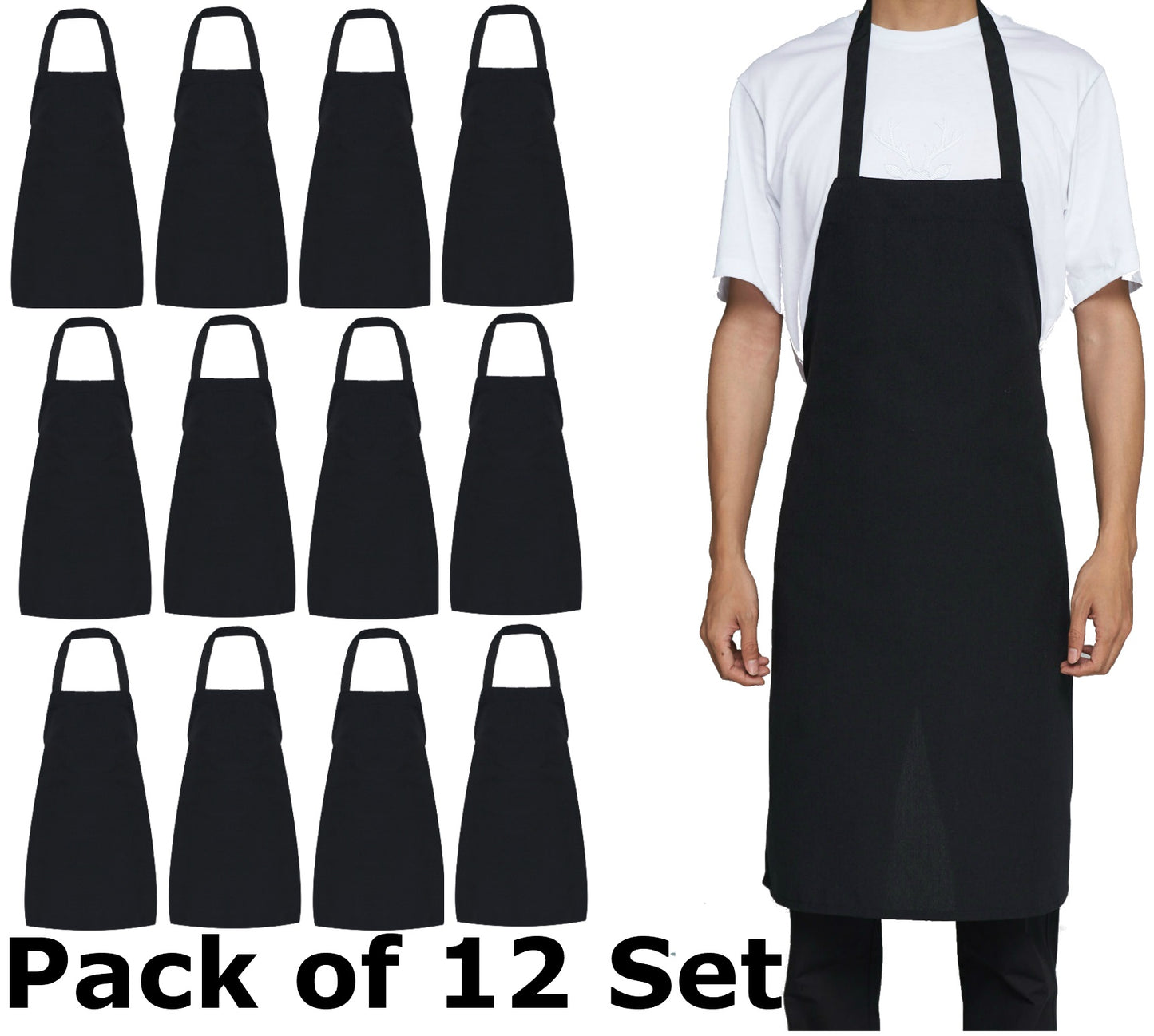 BTExpert 12-Pack Bib Apron, 32x28, Unisex Black, Extra Long Ties, Machine Washable, for Cooking & Crafting