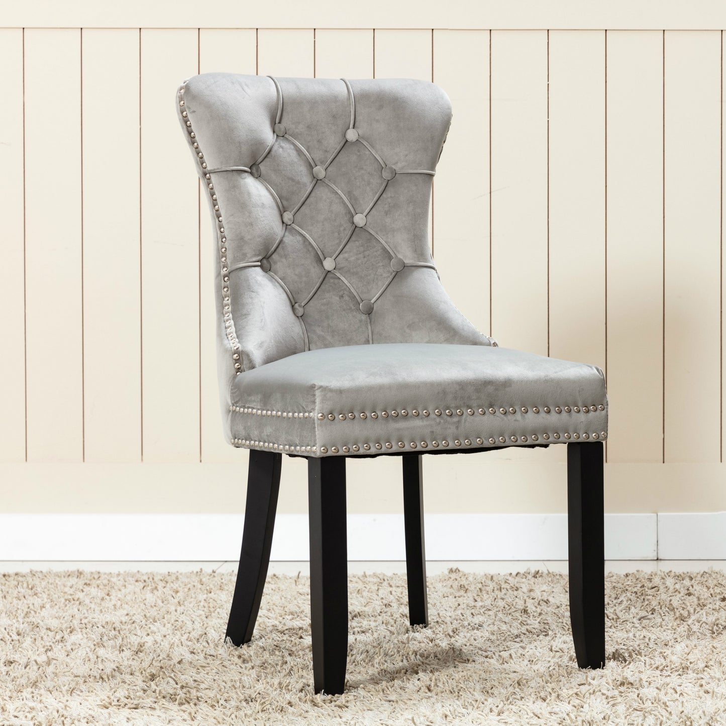 BTExpert High Back Velvet Tufted Nailhead Upholstered Dining Chairs Solid Wood, Ring - Set of 2