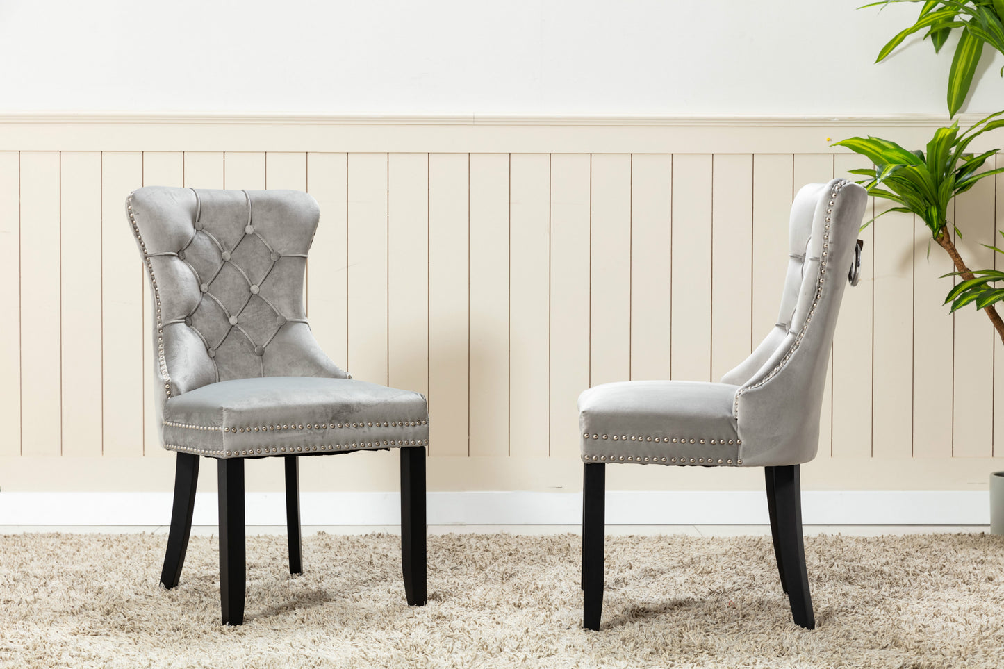 BTExpert High Back Velvet Tufted Nailhead Upholstered Dining Chairs Solid Wood, Ring - Set of 2