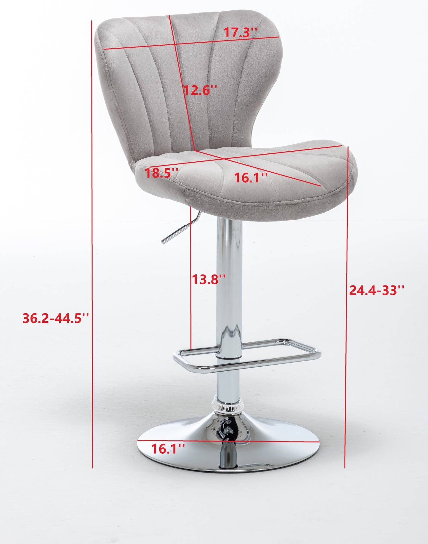 BTExpert Modern Nedaa Velvet Adjustable 36–44" High Back Bar Stools Grey Upholstered - Set of 2