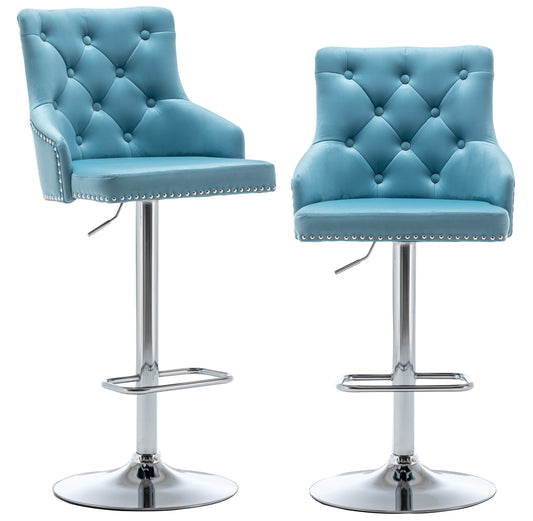 BTExpert Upholstered Dining Adjustable Seat, High Back Stool Bar Chair Teal Tufted Barstool - Set of 2