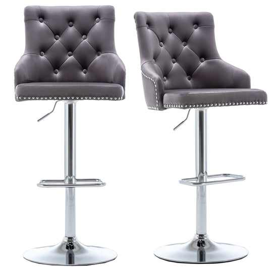 BTExpert Upholstered Dining Adjustable Seat, High Back Stool Bar Chair Gray Tufted - Set of 2