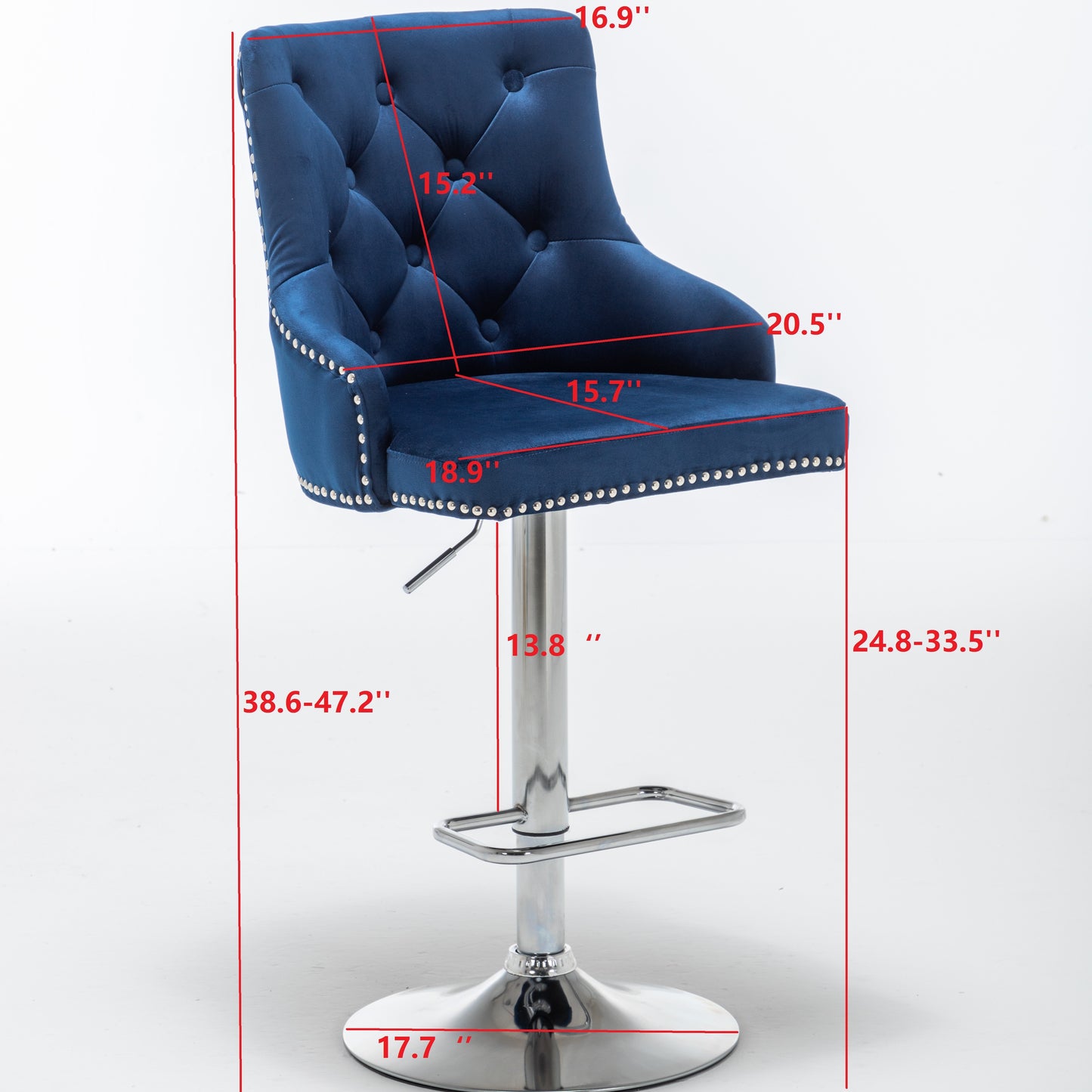 BTEXPERT Upholstered Dining Adjustable Seat, High Back Stool Bar Chairs Blue Tufted - Set of 2