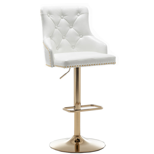 BTExpert Plush Velvet Adjustable Swivel Bar Stool, White PU Leather, Golden Chrome Base - Set of 2