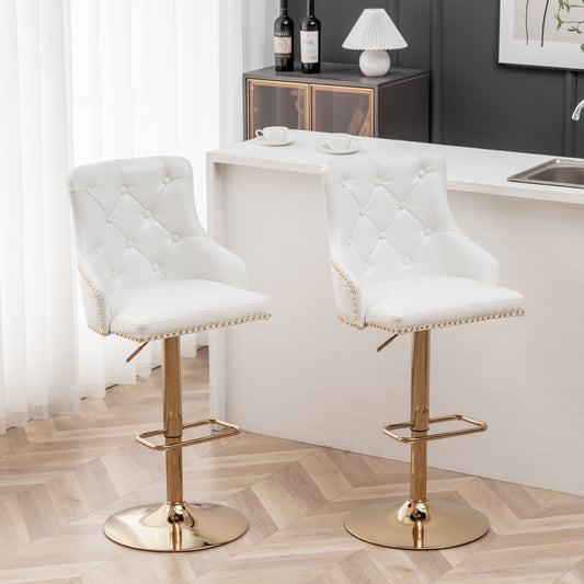 BTExpert Plush Velvet Adjustable Swivel Bar Stool, White PU Leather, Golden Chrome Base - Set of 2