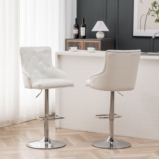 BTExpert Plush Velvet Adjustable Swivel Bar Stool, White PU Leather, Nailhead Trim - Set of 2