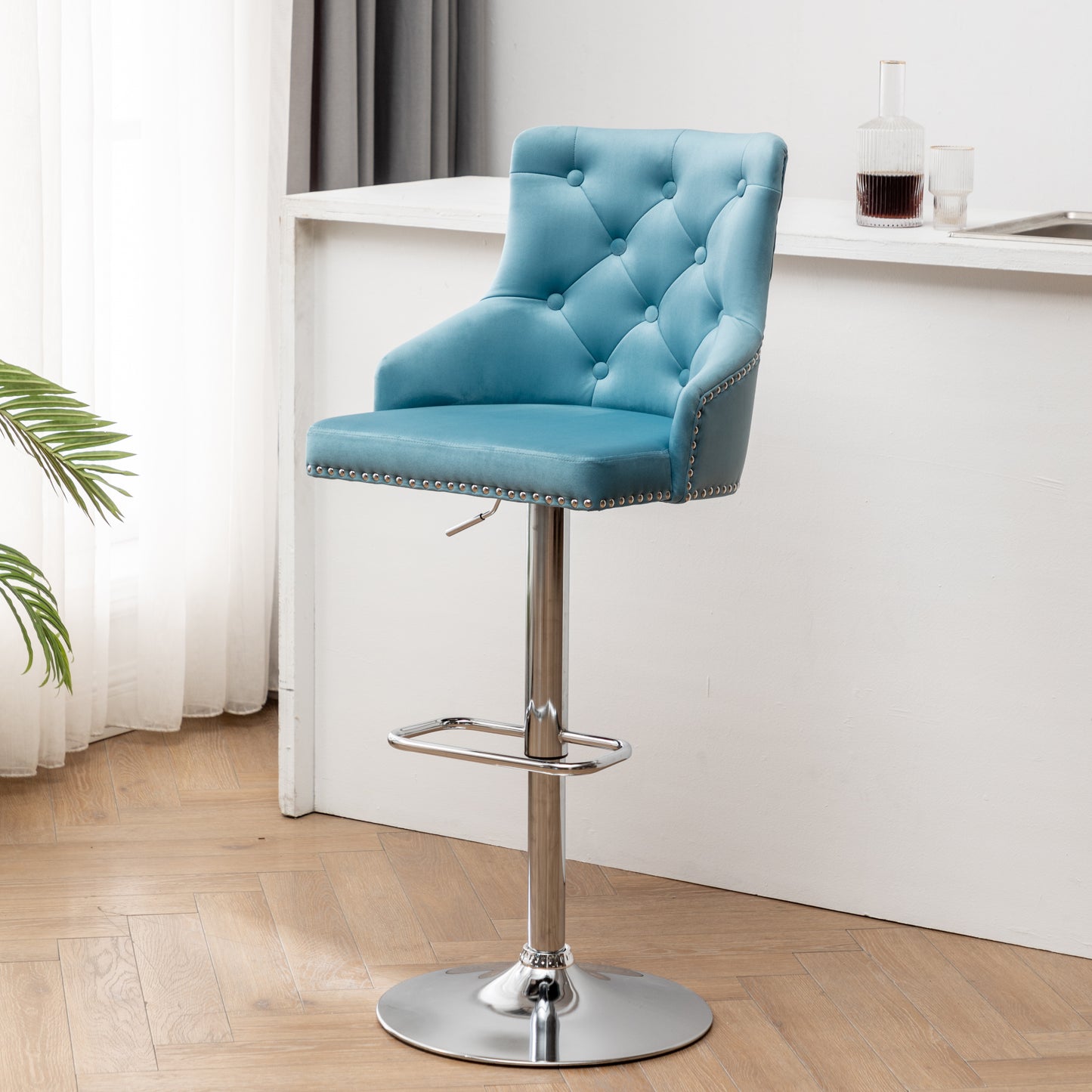 BTExpert Upholstered Dining Adjustable Seat, High Back Stool Bar Chair Teal Tufted Barstool
