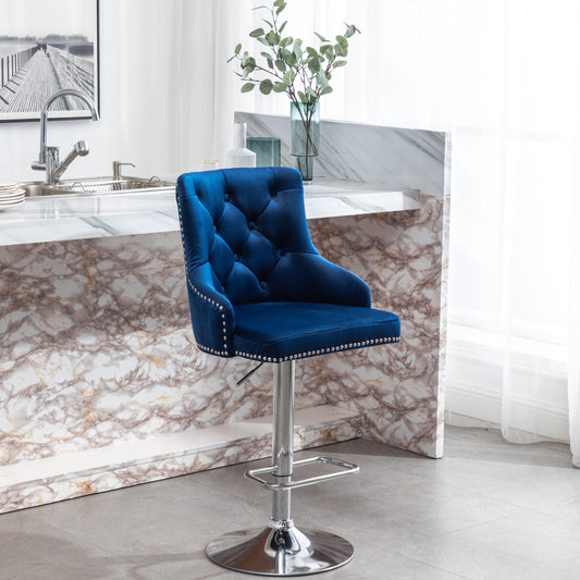 BTEXPERT Upholstered Dining Adjustable Seat, High Back Stool Bar Chairs Blue Tufted - Set of 2